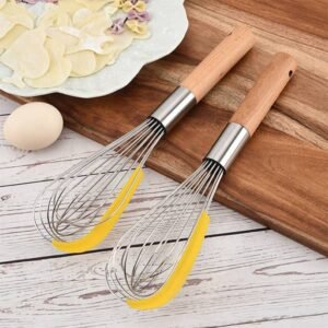 Wooden handle egg whisk with scraper